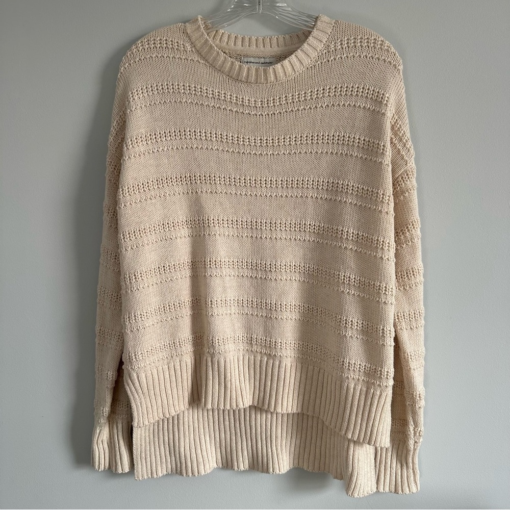 Cupcakes & Cashmere Textured Crochet Cotton Blend Hi Lo Cream Sweater
